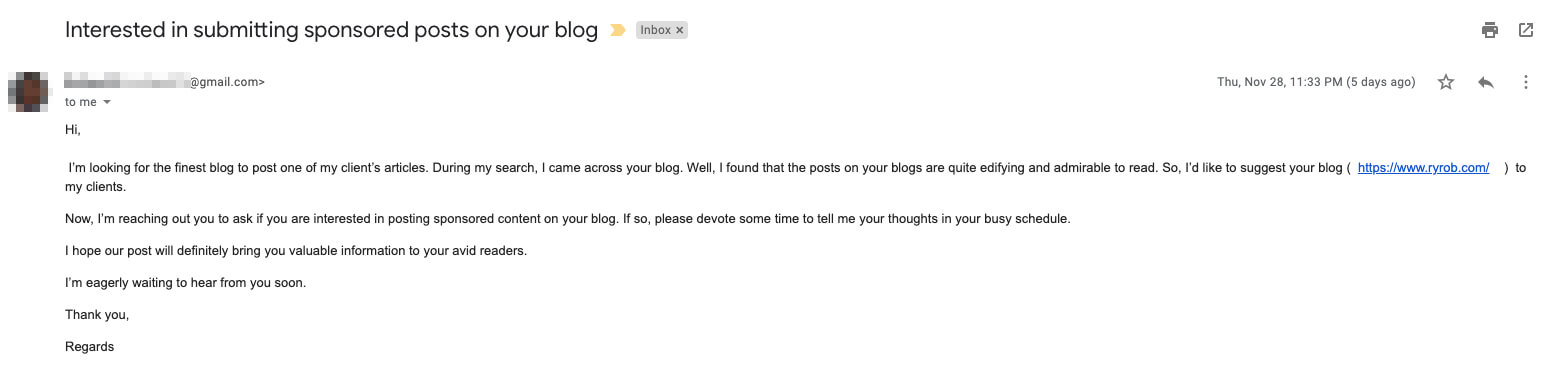 Bad Blog Outreach Email Example of No Personalization and Poor Formatting
