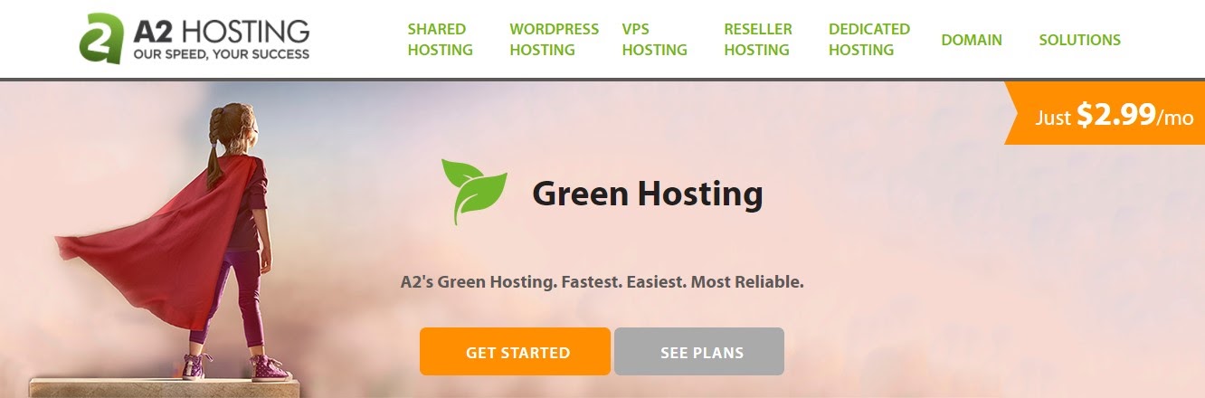 A2 Hosting Green Hosting Landing Page Screenshot