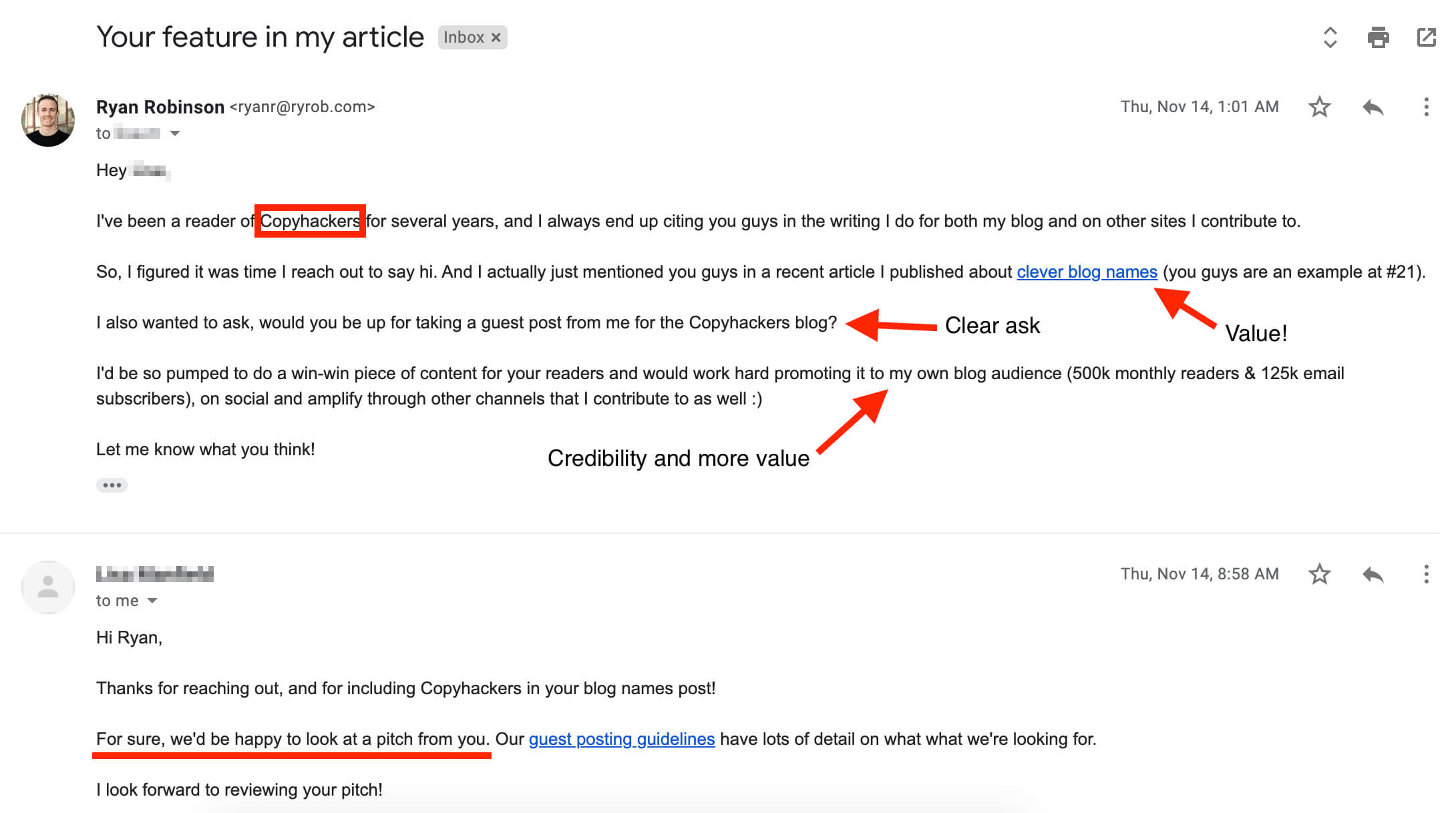 Copyhackers blog outreach email template example and screenshot