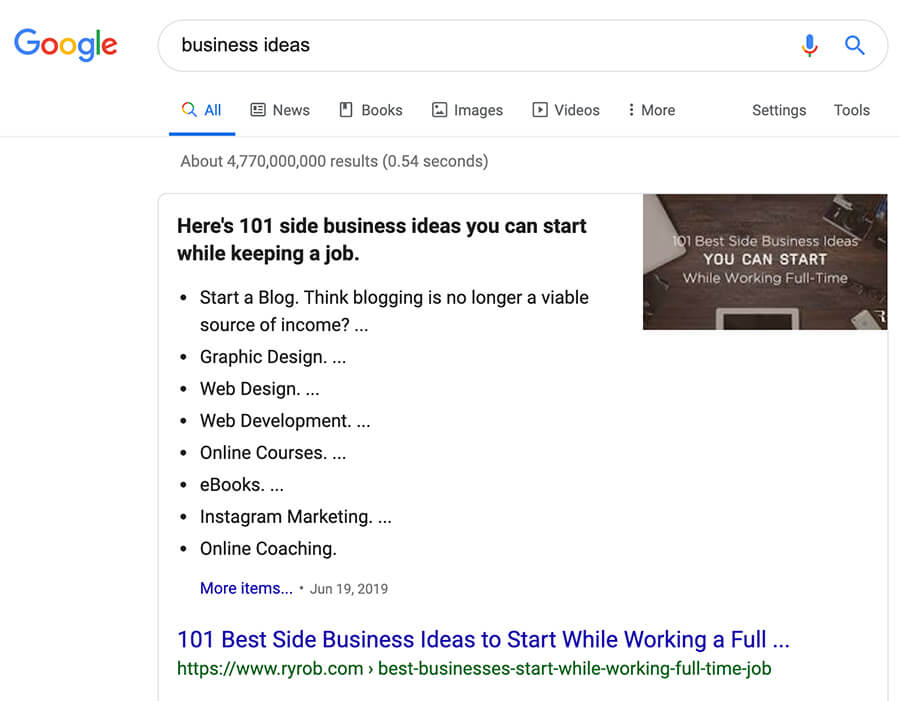 Do Keyword Research to Get a Featured Snippet Business Ideas Example
