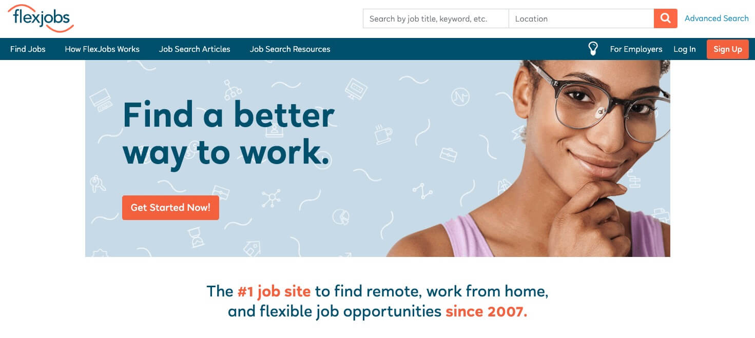 Flexjobs Homepage Screenshot (Best Remote Jobs Site) Example