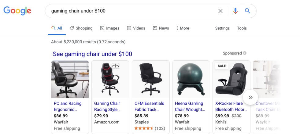 Gaming Chairs Search Example Screenshot of More Targeted Topics