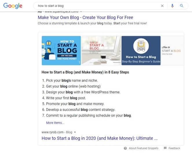 How to Start a Blog Rich Snippet Screenshot (Top Ranking in Google Search Results Example)