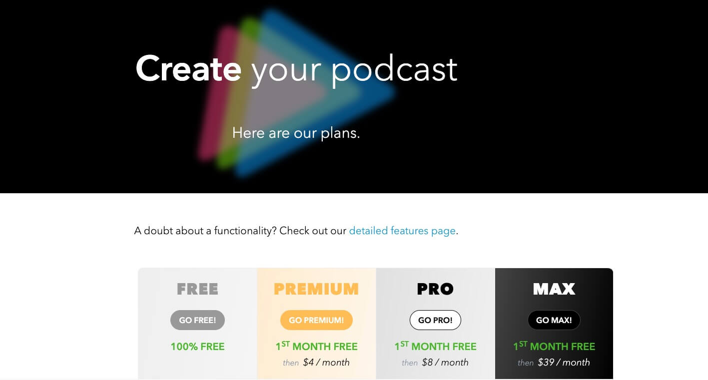Podcastics Pricing and Plans for Hosting a Podcast (Screenshot)