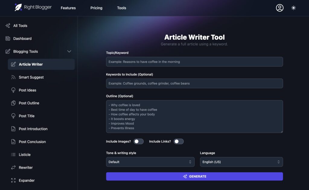 RightBlogger AI-Powered Content Creation Platform for Bloggers