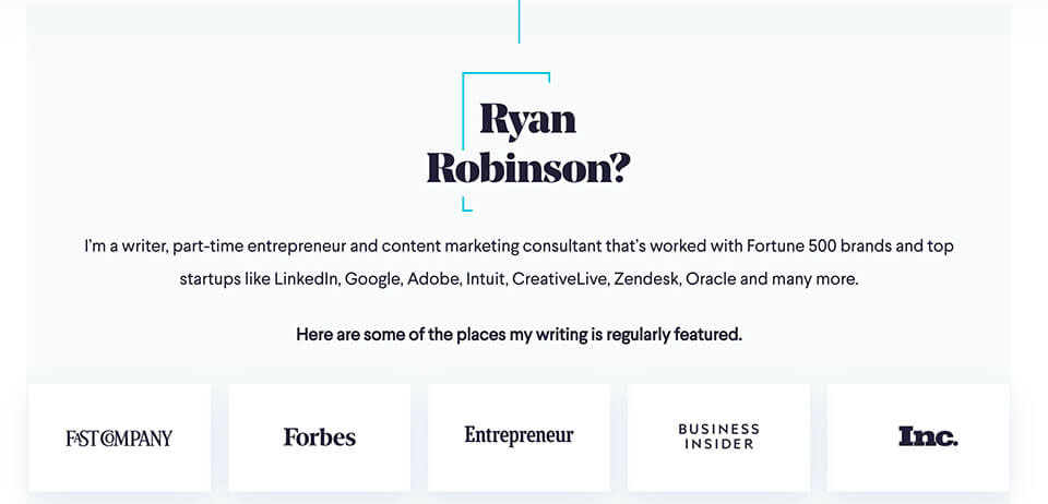 Ryan Robinson About Page Screenshot (Example of Blog Promotion on About Page)