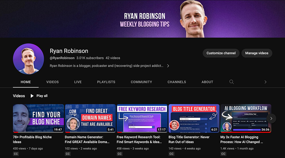 Ryan Robinson YouTube Channel (Blogging Tips) Screenshot