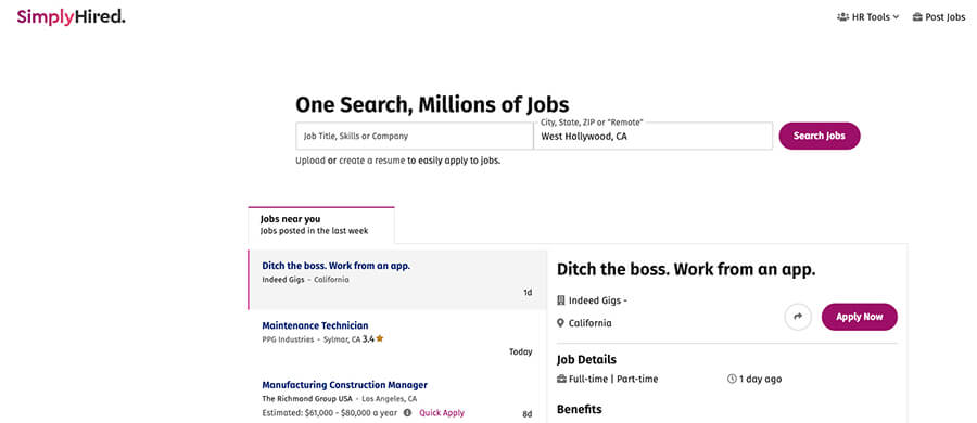 SimplyHired Homepage Screenshot (Freelance Job Boards)