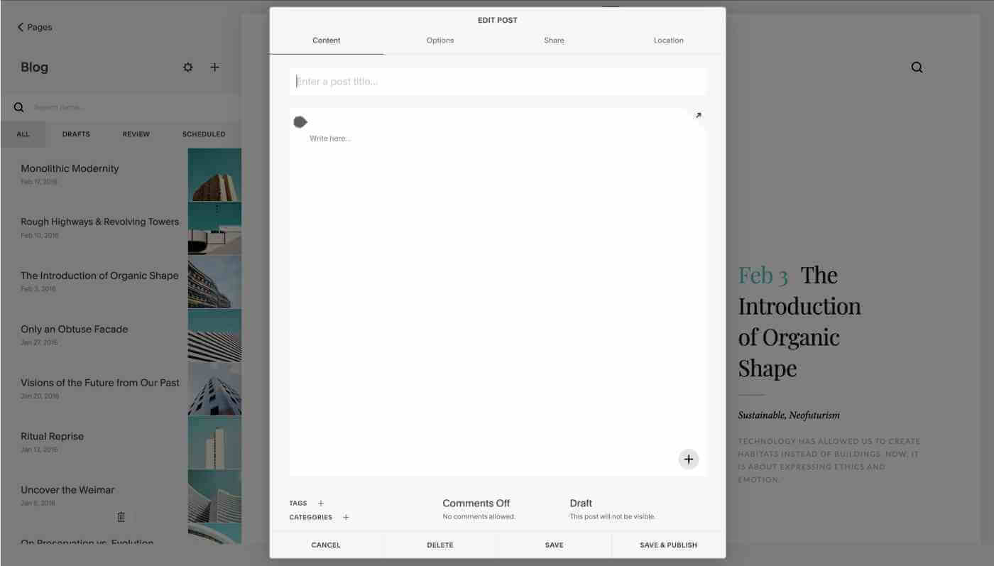Squarespace Content Editing (Screenshot) as a Blogging Platform Post Creation