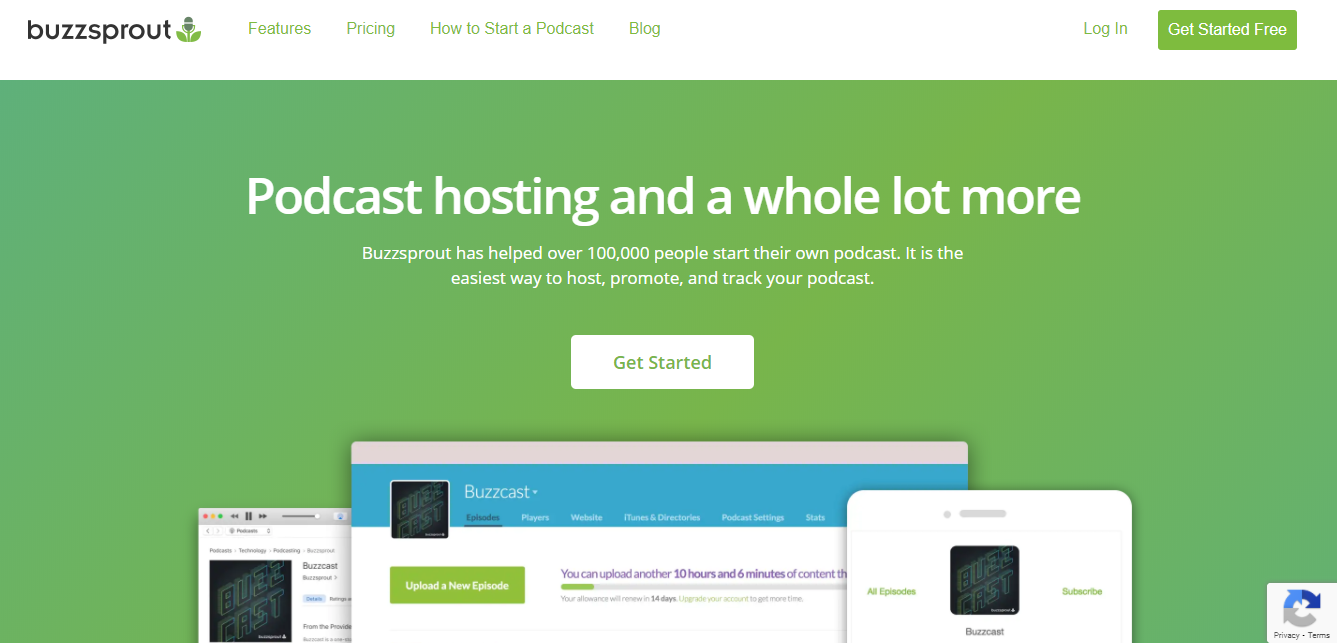 BuzzSprout Podcast Hosting Platform (Homepage Screenshot) Example