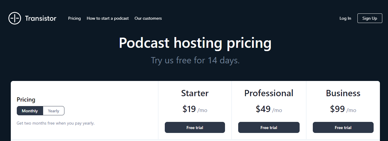 Transistor Podcast Hosting Pricing (Screenshot) Table