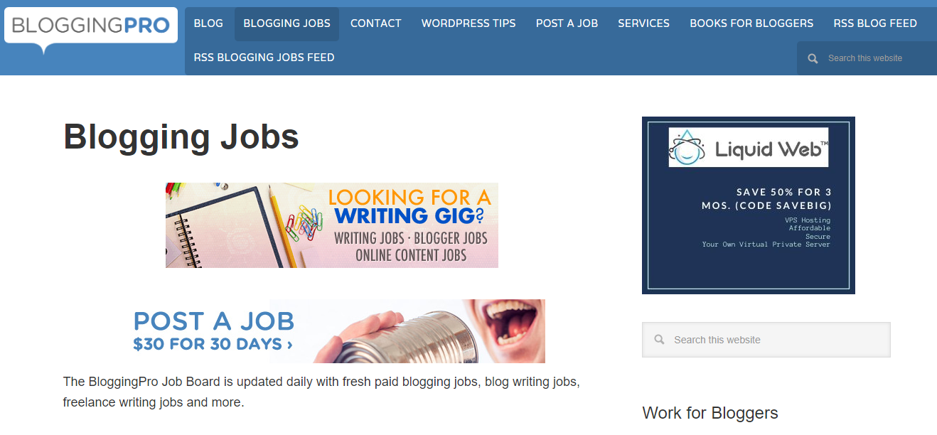 Blogging Pro Open Job Listings (Screenshot)