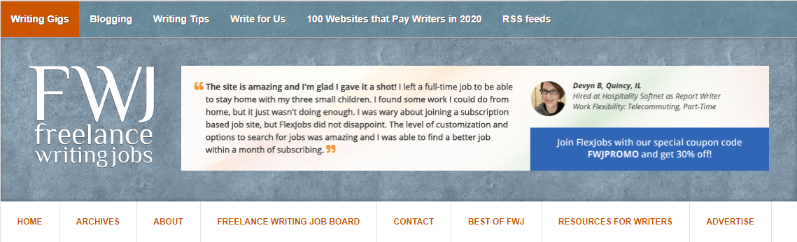 Freelance Writing Jobs Homepage Screenshot (Example)