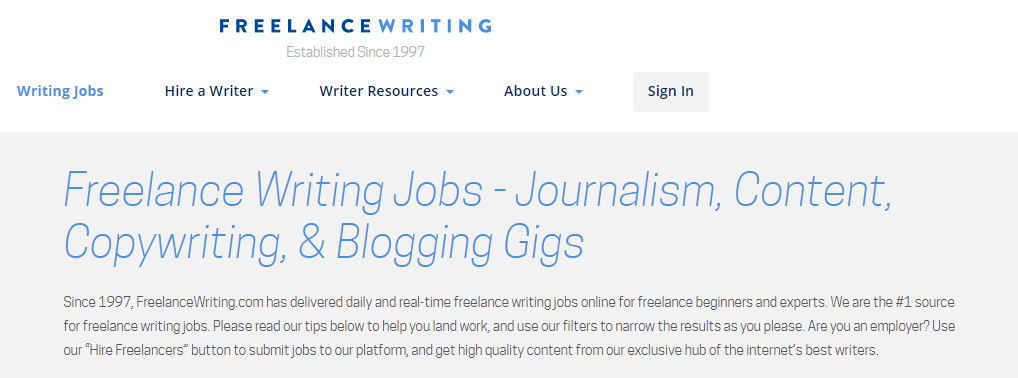 Freelance Writing Homepage Screenshot