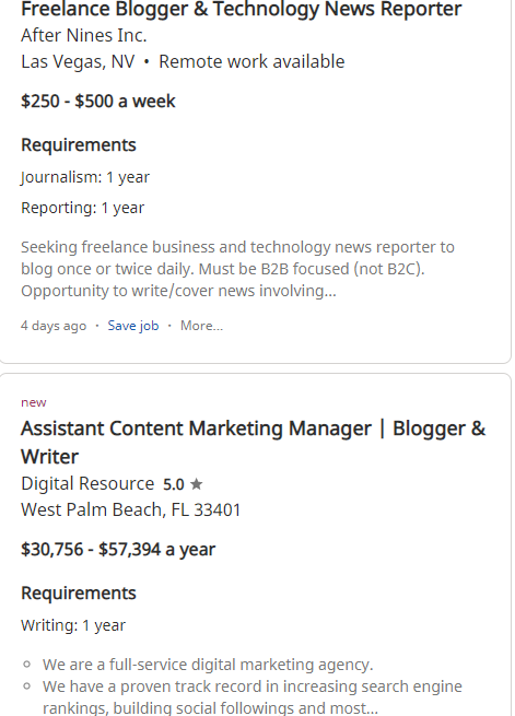 Indeed (Screenshot of Open Blogging Job Example)