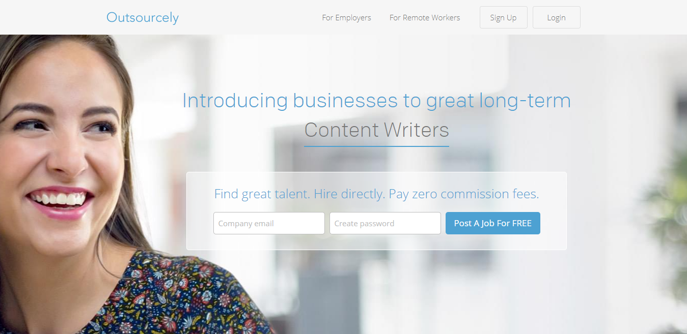 Outsourcely Homepage Screenshot (to Find Blogging Jobs)