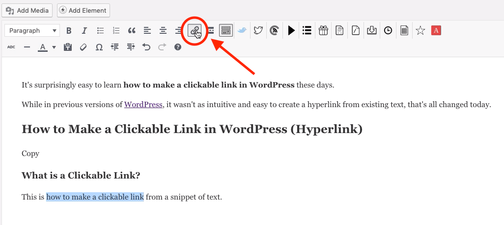 Click Hyperlink Icon in WordPress