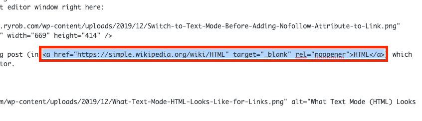 Finding a Link in WordPress Text Mode Screenshot