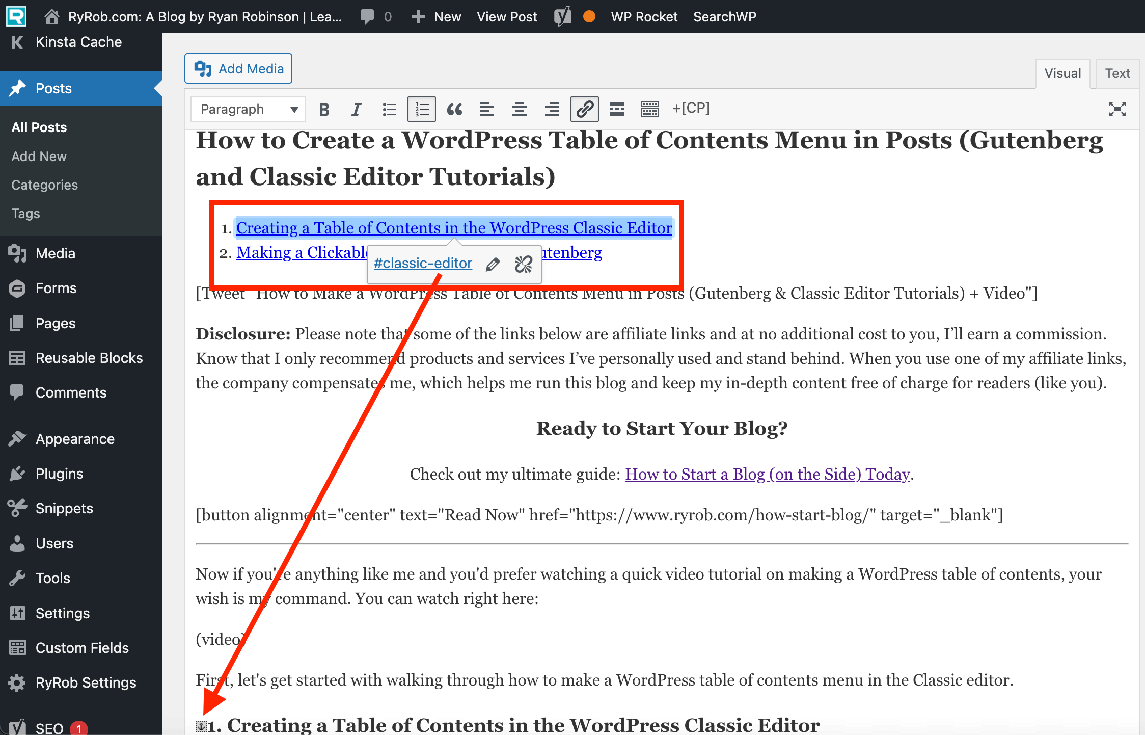 How to Create a WordPress Table of Contents Menu in Posts (Classic Editor) Screenshot Tutorial in Action