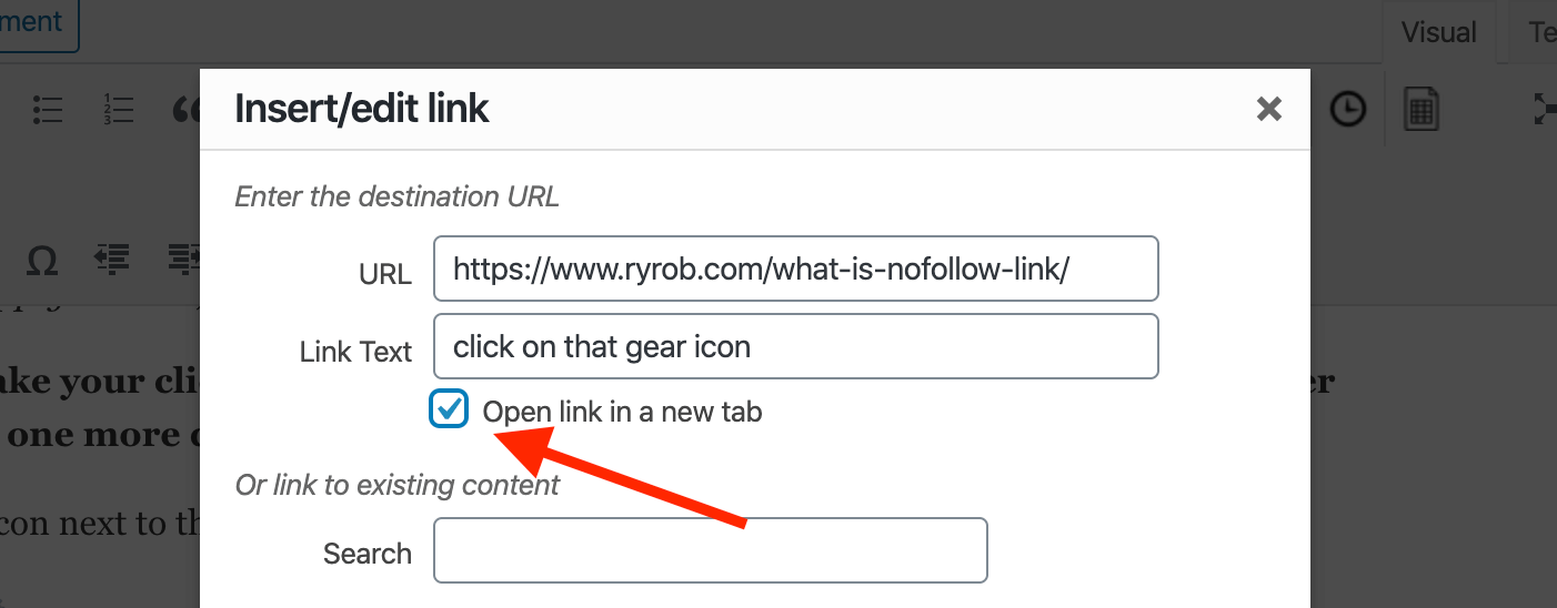 How to Make a Link Open in a New Tab (Clickable Links) in WordPress Screenshot Example