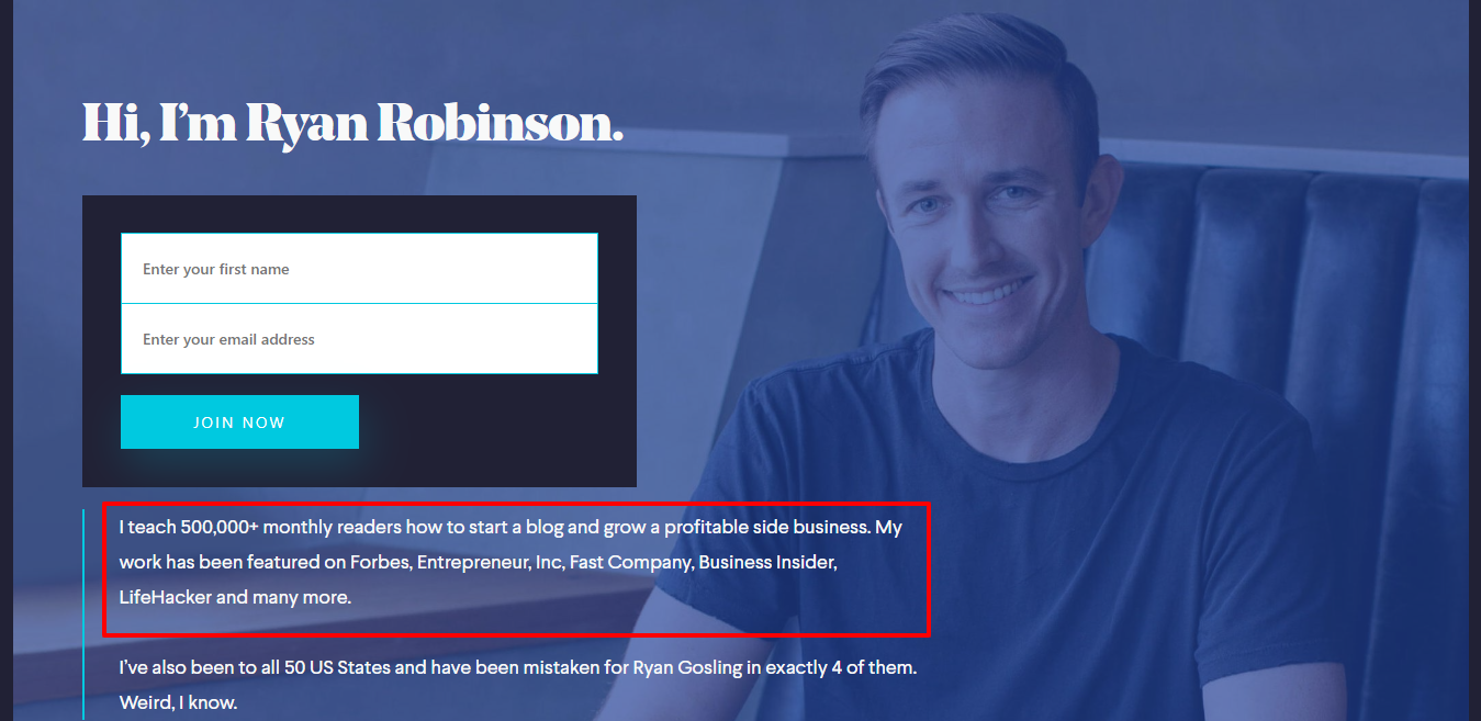 Use Your Blog's About Page to Sell Yourself (Screenshot of Ryan Robinson About Me Page)