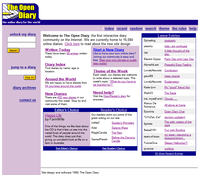 Open Diary Homepage in 1998 History of Blogging