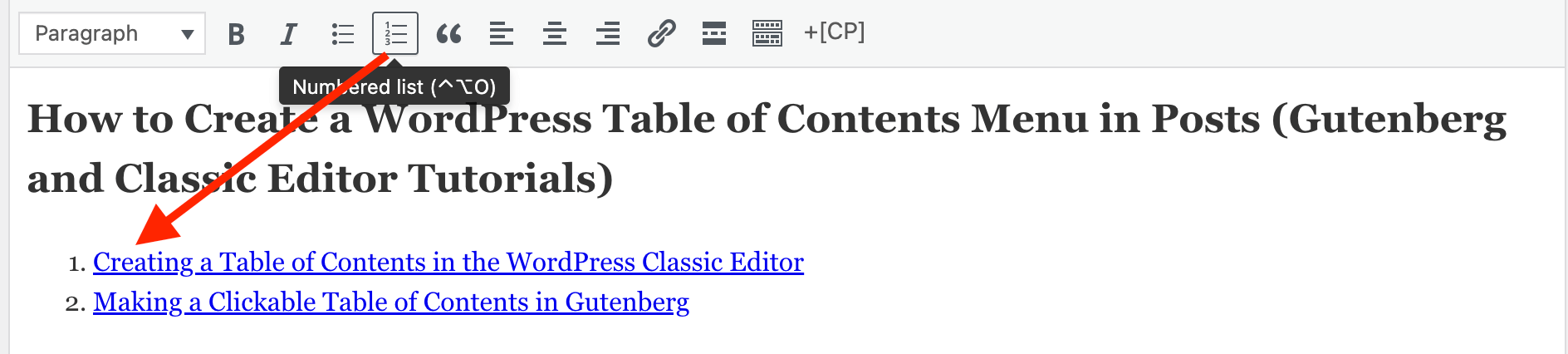 Ordered List Example (for Clickable Table of Contents) Screenshot