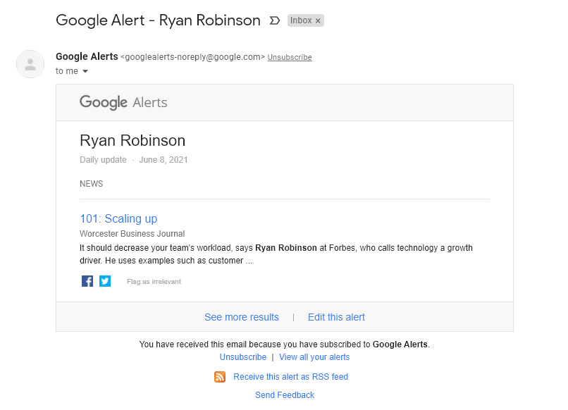 Email for Google Alerts About Ryan Robinson (Example)