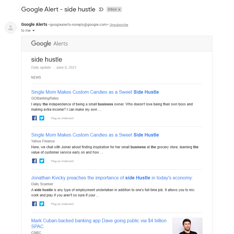 What a Google Alerts Email Looks Like (Screenshot)