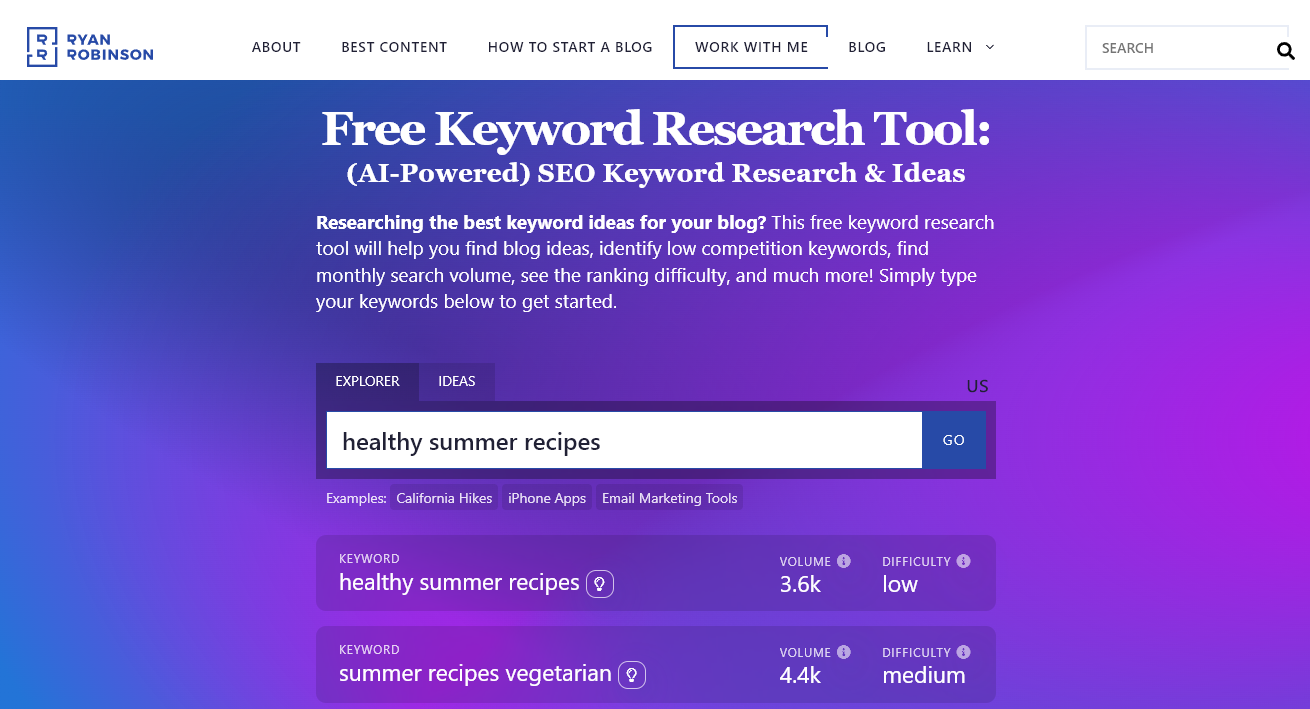 AI SEO tool from RyRob, the Free Keyword Research Tool. The tool is shown in action, coming up with keyword suggestions for the seed keyword: healthy summer recipes.
