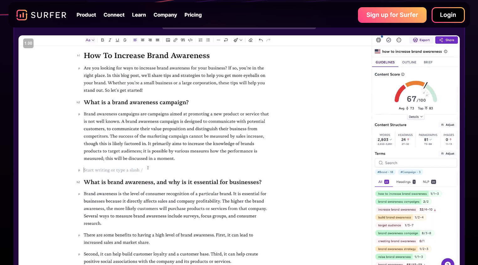 AI SEO tool Surfer. The screenshot shows a post being optimized in Surfer, titled How To Increase Brand Awareness. The post has a content score of 67/100.