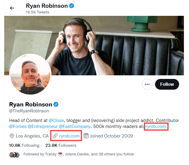 Ryan Robinson Twitter Screenshot (Link from Social Profiles to Rank Higher on Google)
