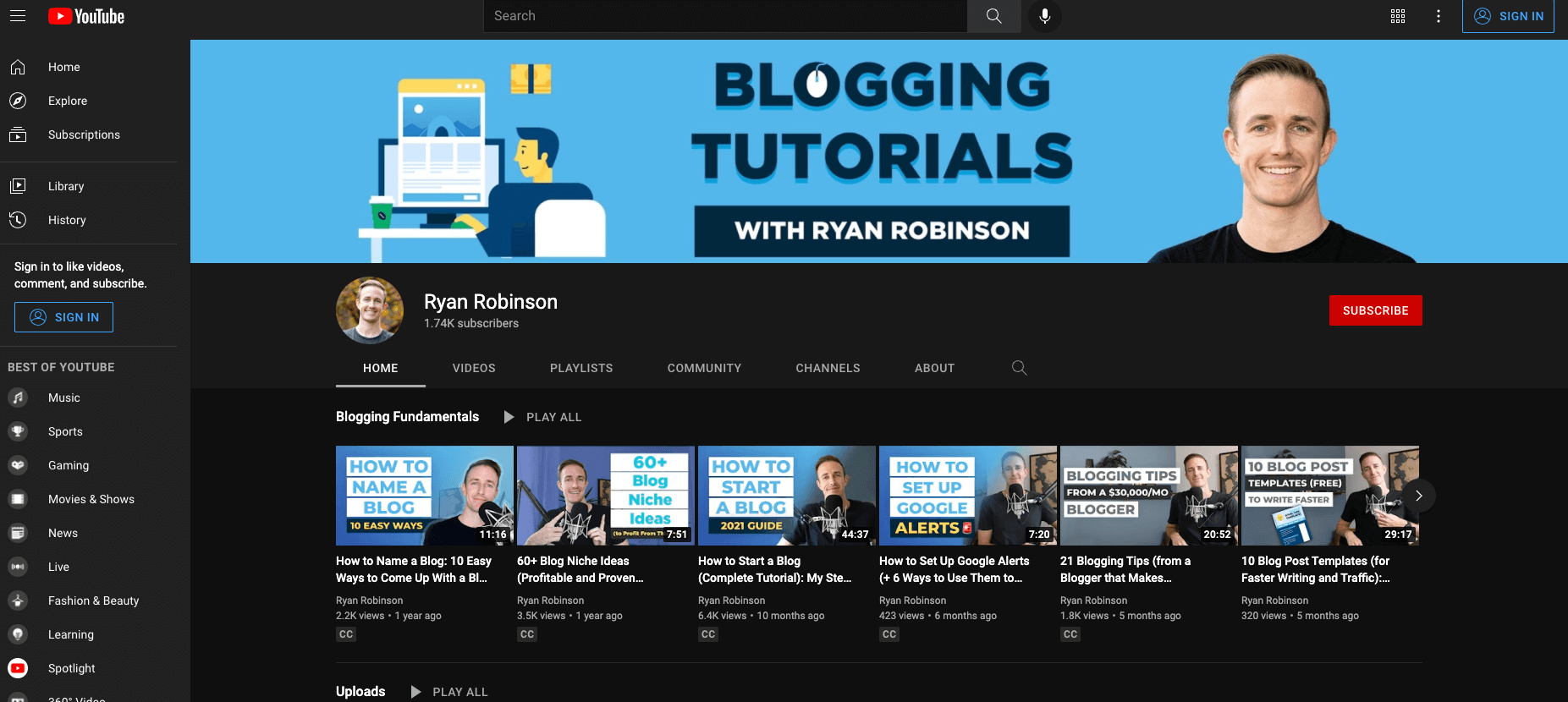 Ryan Robinson's YouTube Channel (to Diversify Traffic)