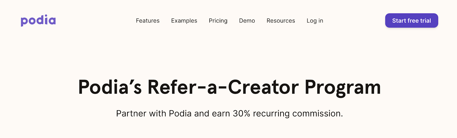 Podia's Refer-A-Creator Program Landing Page Screenshot