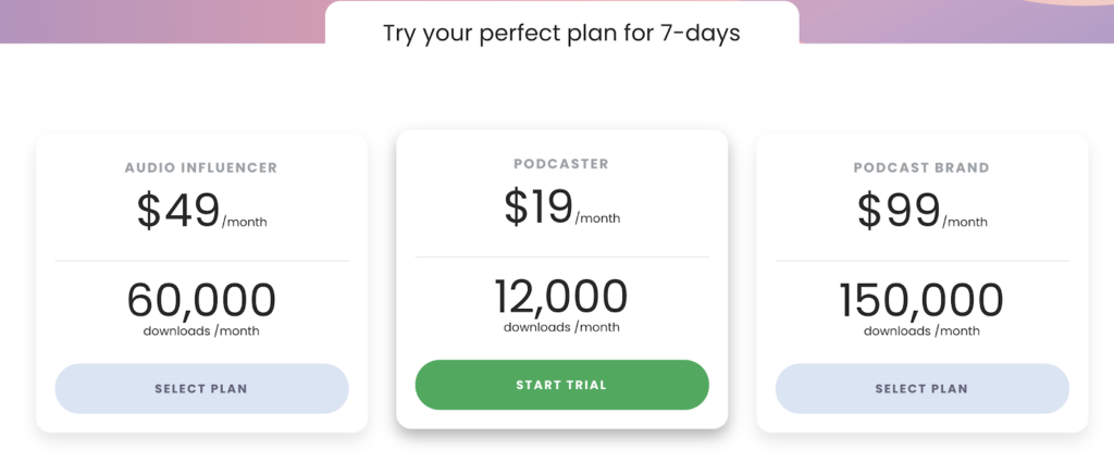 Screenshot of Captivate Podcast Hosting Pricing Plans