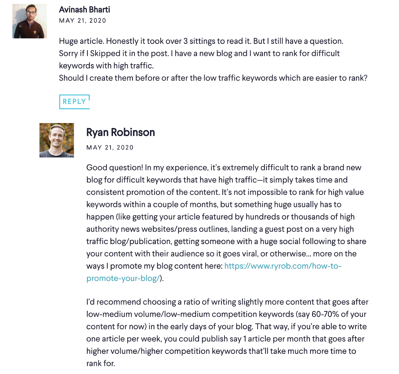 Screenshot of Blog Comment to Learn From (on ryrob)