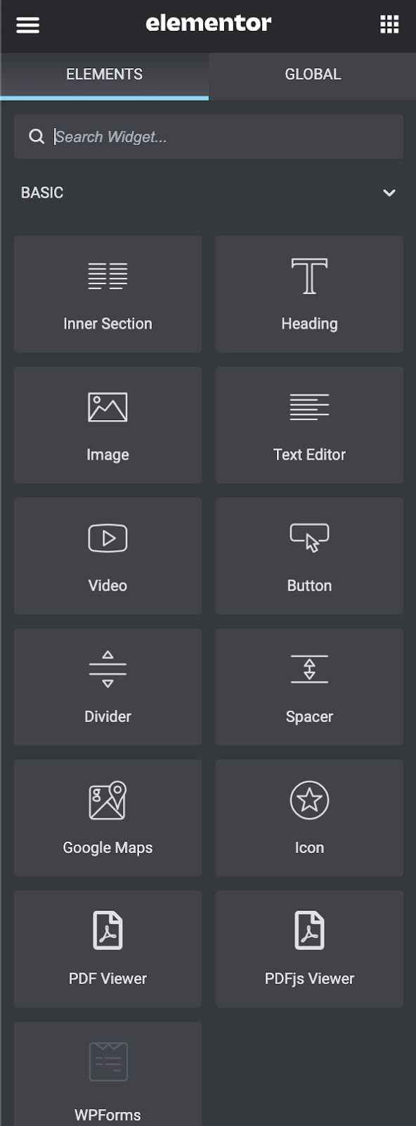 Elementor WordPress Theme Editing Options Screenshot