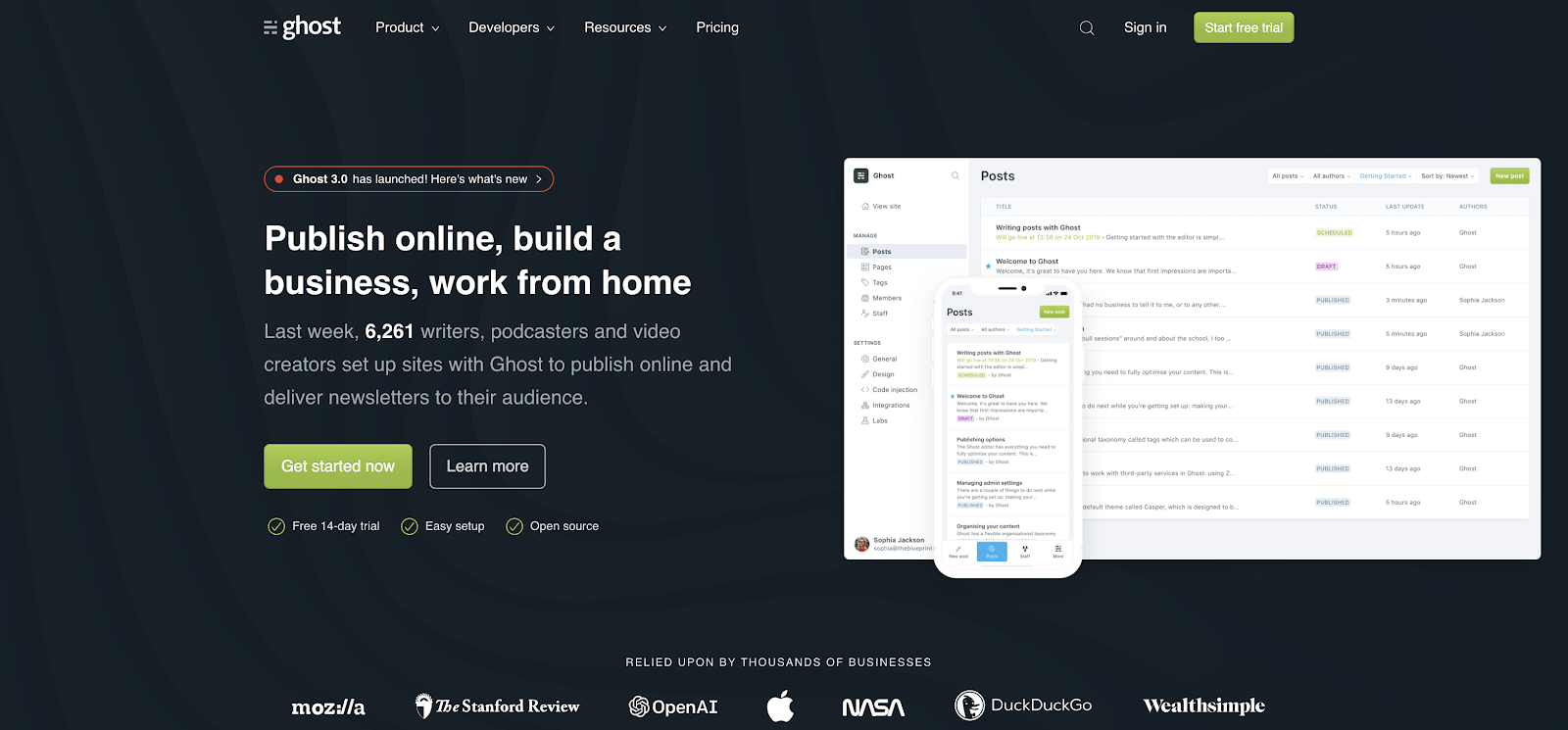 Ghost Homepage Screenshot (Blogging Platforms)