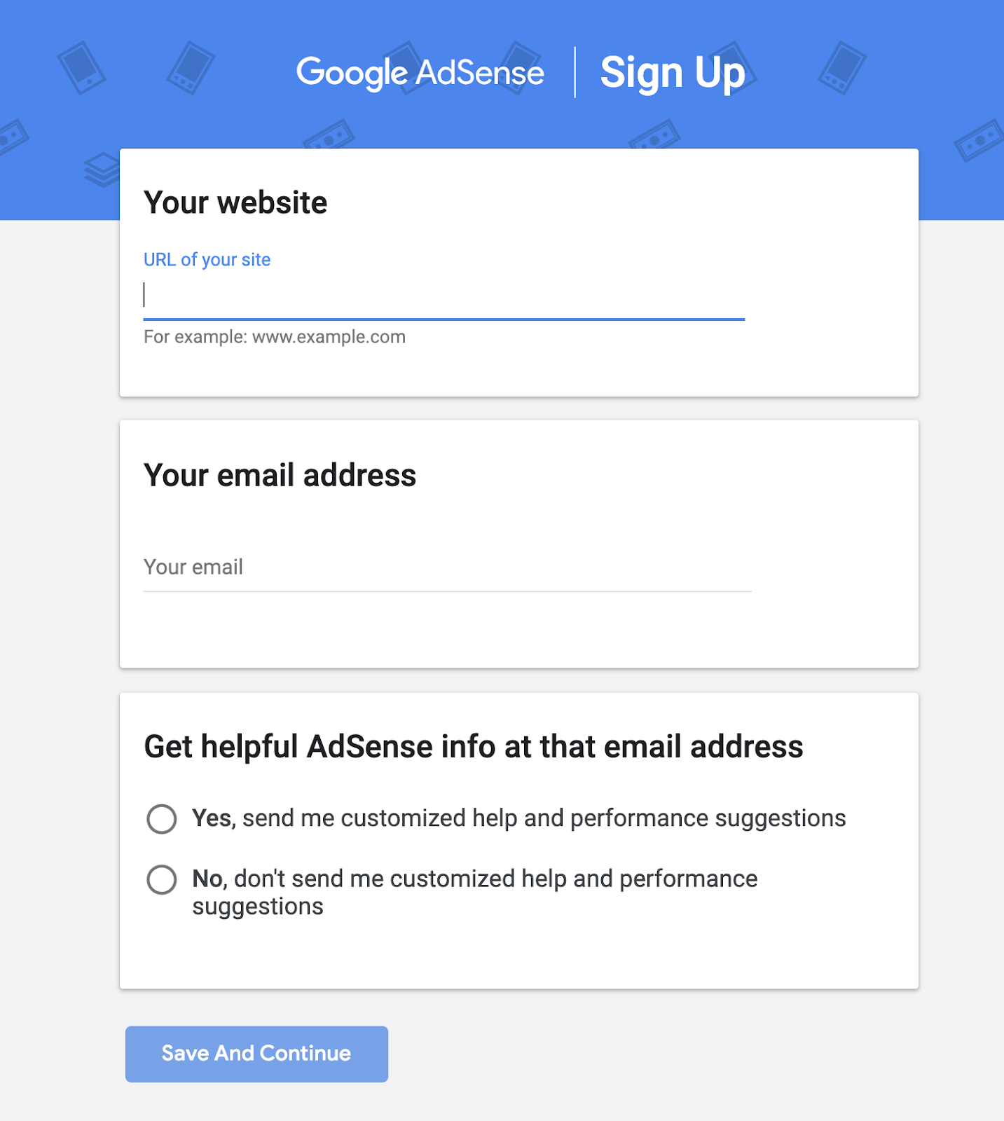 Screenshot of Sign up Form for Google AdSense Network