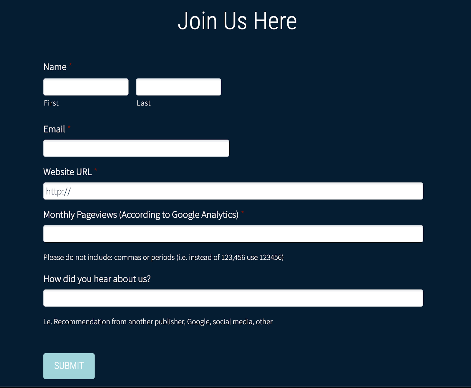Form to Sign up with Monumetric for Displaying Blog Ads