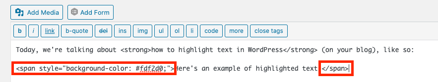 Screenshot of Highlighted Text Attribute (Background Color) in WordPress Classic