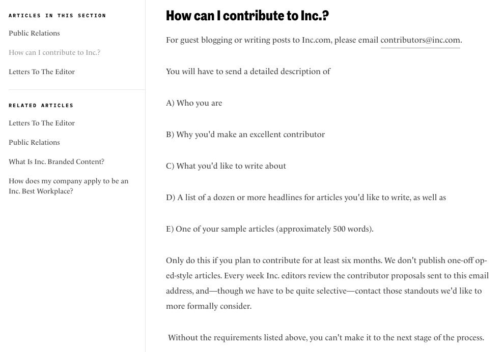Screenshot of Inc Magazine Online Contributor Guidelines (How to Write for Publications Like Inc Example)