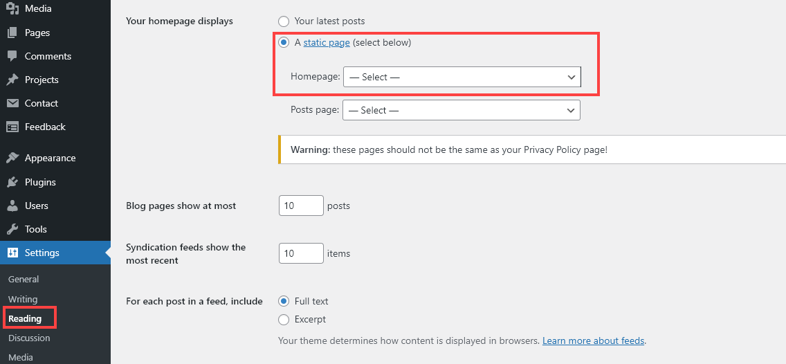 Setting Your Homepage as a Static Page in WordPress (Screenshot)