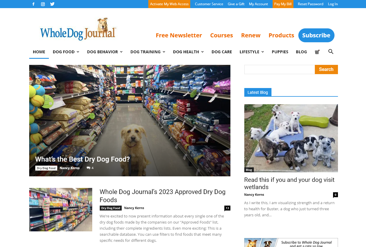 WholeDog Journal Example of Pet Blogs (Screenshot)
