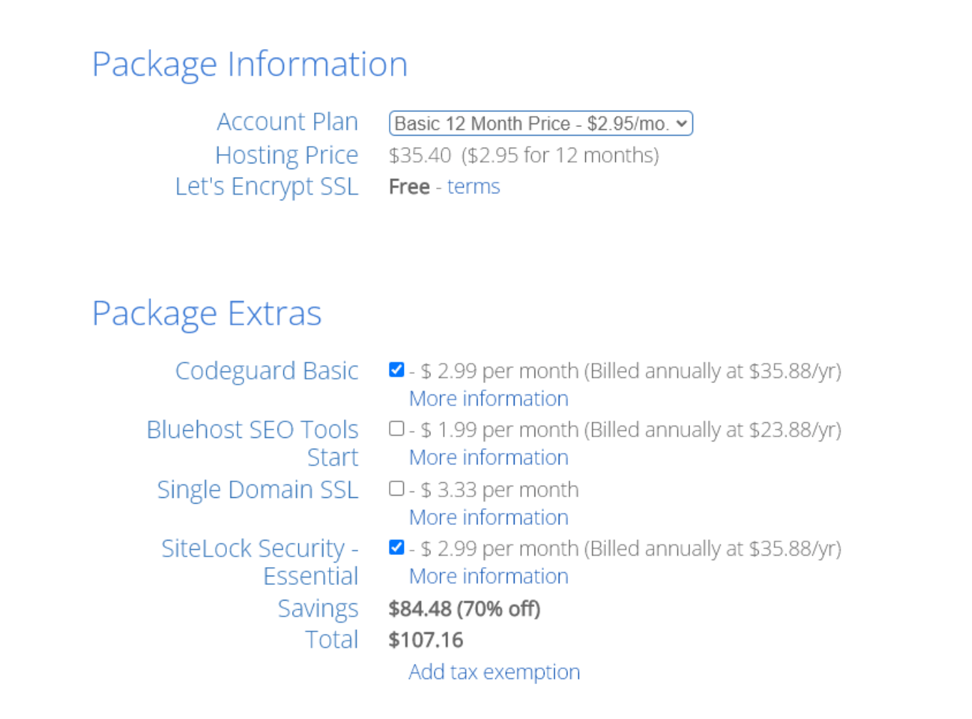 WordPress tutorial screenshot showing Bluetooth's package pricing, with a 12 month hosting plan for $35.40/year ($2.95/month) selected.