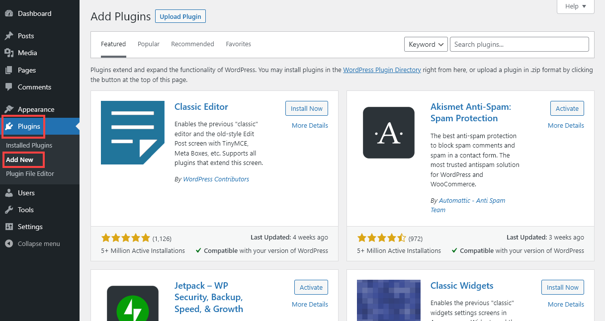 Screenshot showing how to add a WordPress plugin