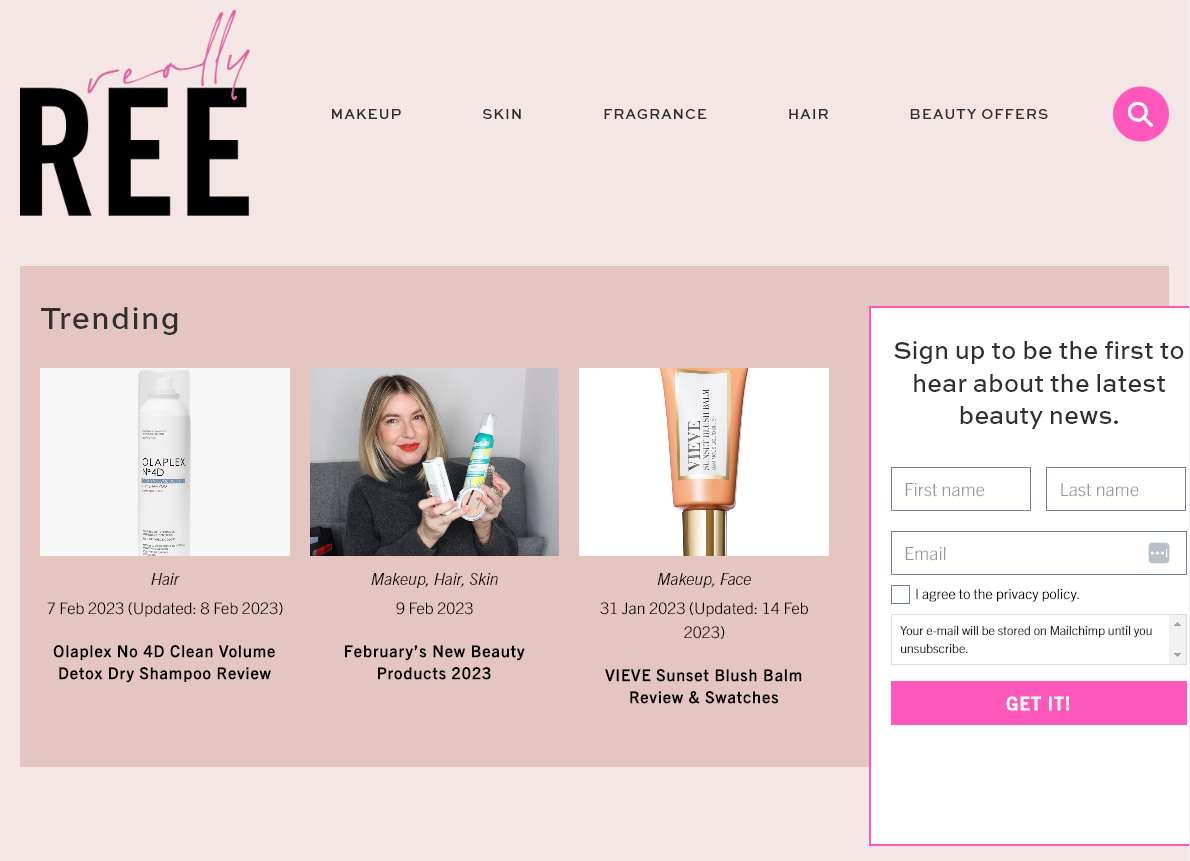 Screenshot of beauty blogger Really Ree's website