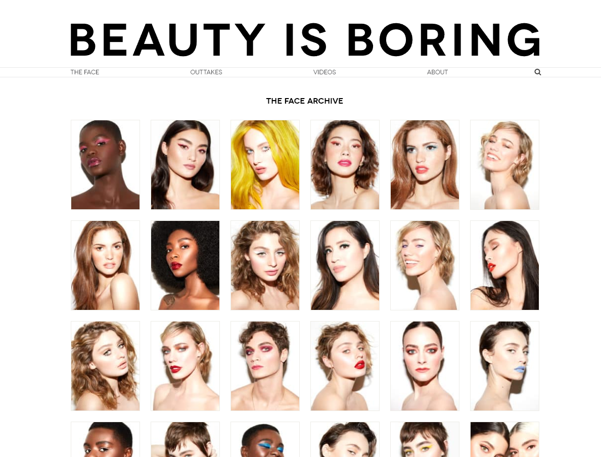 Screenshot of the Beauty is Boring website, showing several rows of womens' faces
