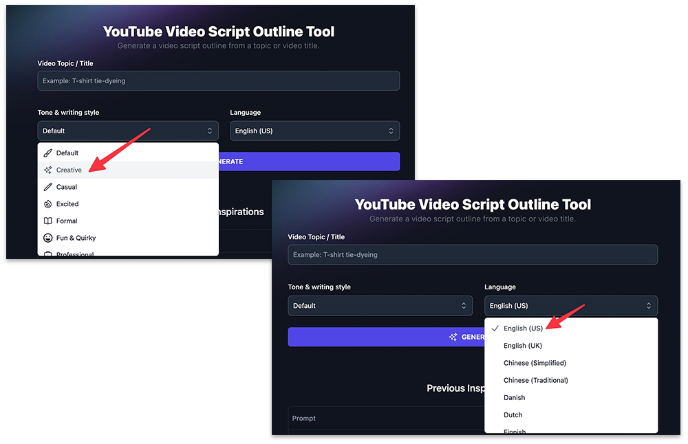 YouTube AI Script Outline Tool (RightBlogger Features) Screenshot Example