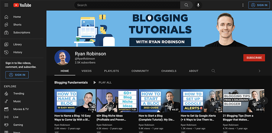 Screenshot of Ryan Robinson's Blogging and YouTube Channel